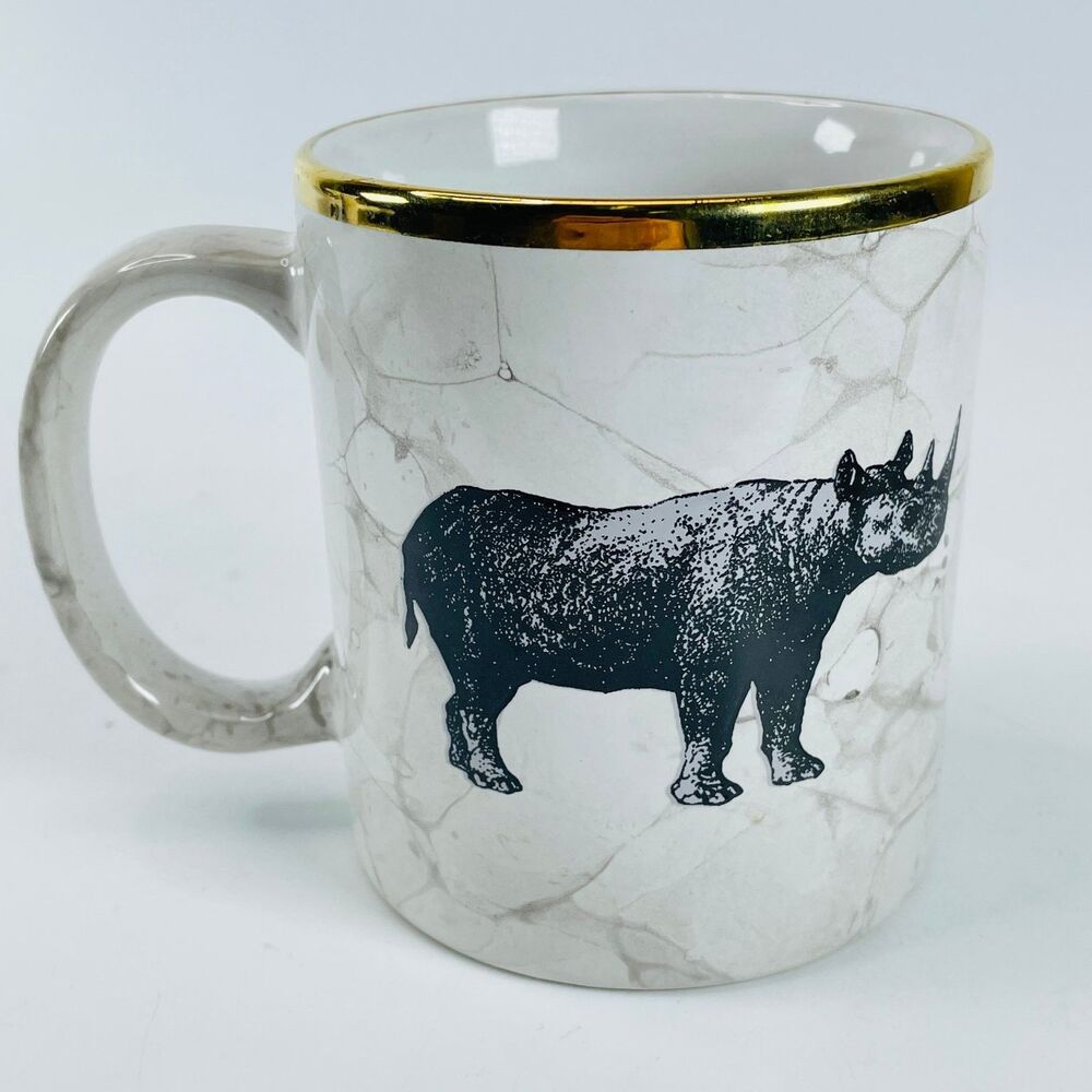 Omaha Henry Doorly Zoo Mug Cup White Gold 4" Tall Ceramic Rhinoceros IMAX 1997